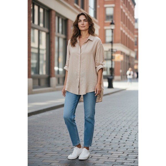 Tahari Tops - Tahari 100% Linen Long Sleeve Button Front Shirt Tan Tunic Top Size Medium